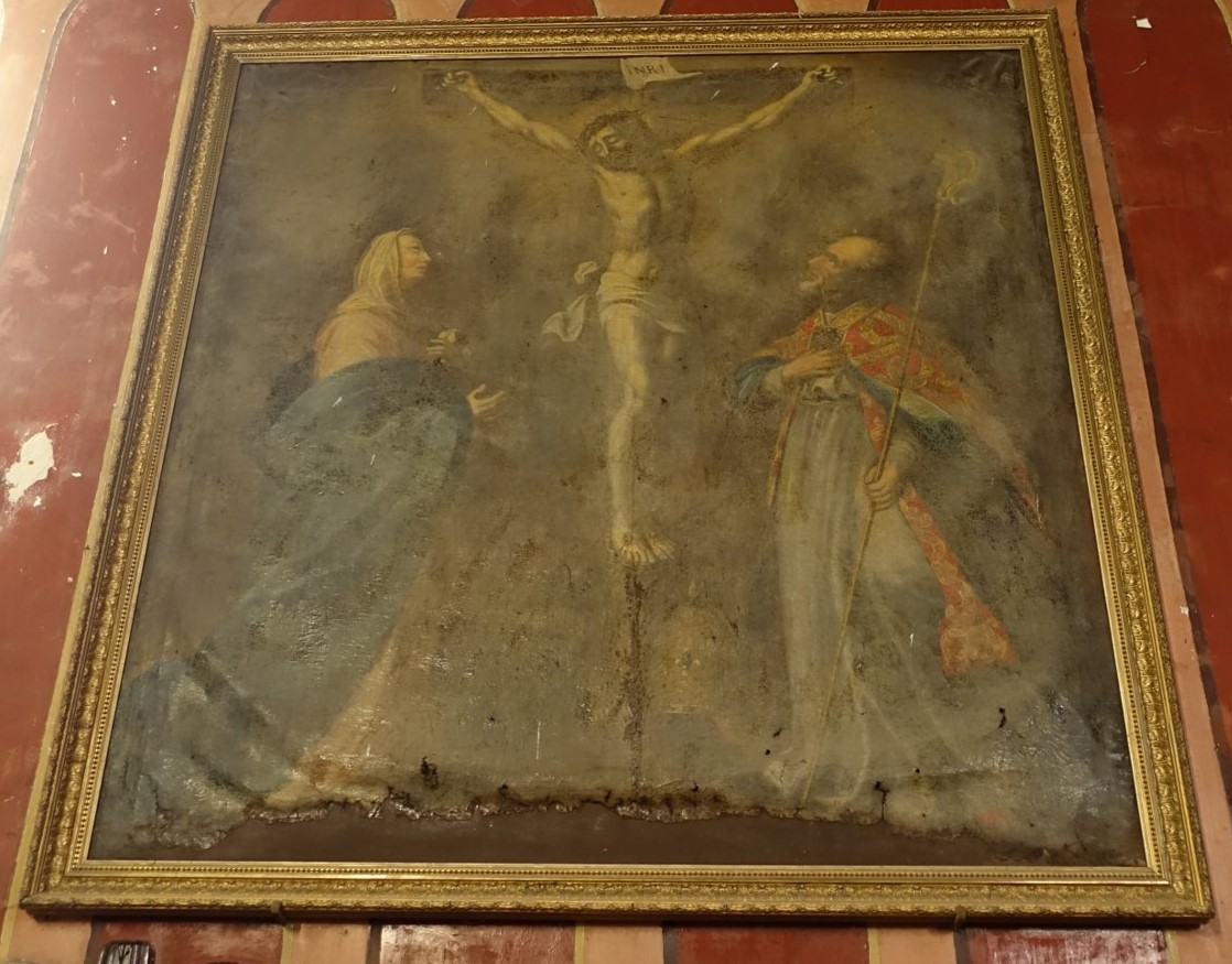 tableau : Crucifixion avec la Vierge et un évêque