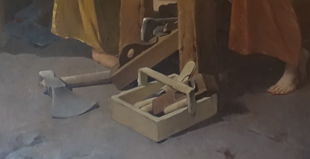 tableau : La Sainte Famille dans l'atelier du charpentier saint Joseph, outils