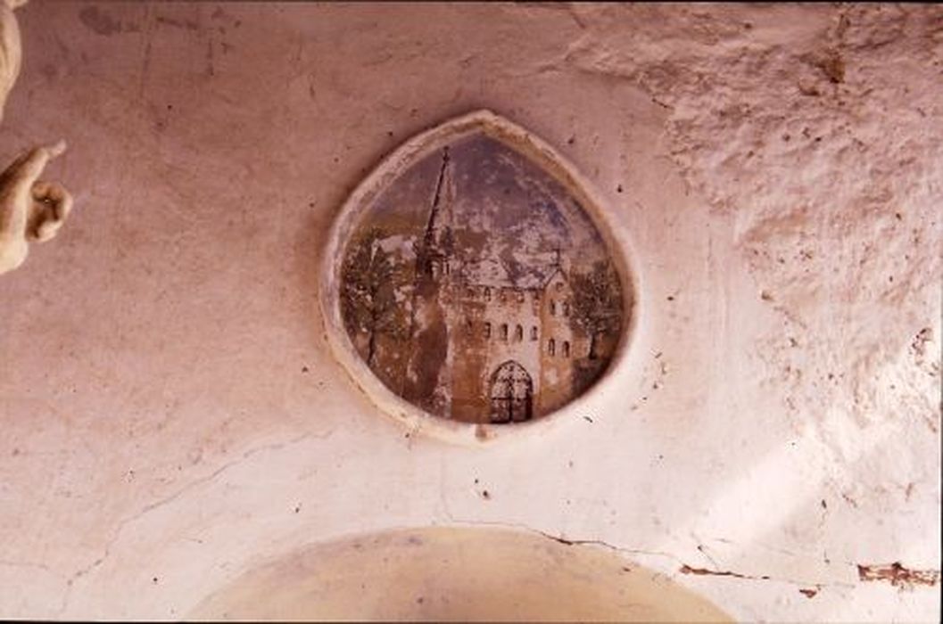peinture, cadre : Figuration de l'église d'Arrien avec son porche d'entrée - © Ministère de la Culture (France), Conservation des antiquités et des objets d’art de l'Ariège – Tous droits réservés 