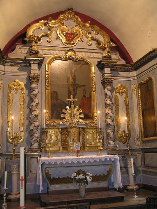 autel, retable, 3 tableaux (maître-autel) : la Crucifixion, saint Pierre, saint Paul - © Ministère de la Culture (France), Conservation des antiquités et des objets d’art de l'Ariège – Tous droits réservés