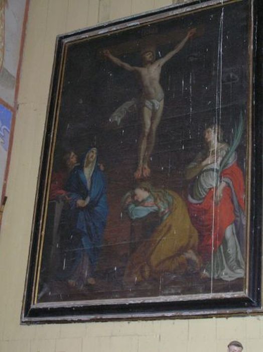 Tableau et son cadre : Crucifixion avec la Vierge Marie, saint Jean et sainte Colombe
