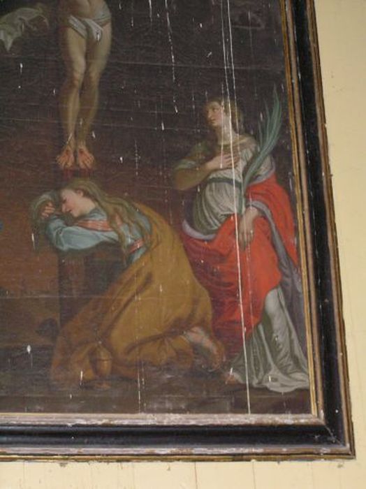 tableau : Crucifixion avec la Vierge Marie, saint Jean et sainte Colombe, vue partielle