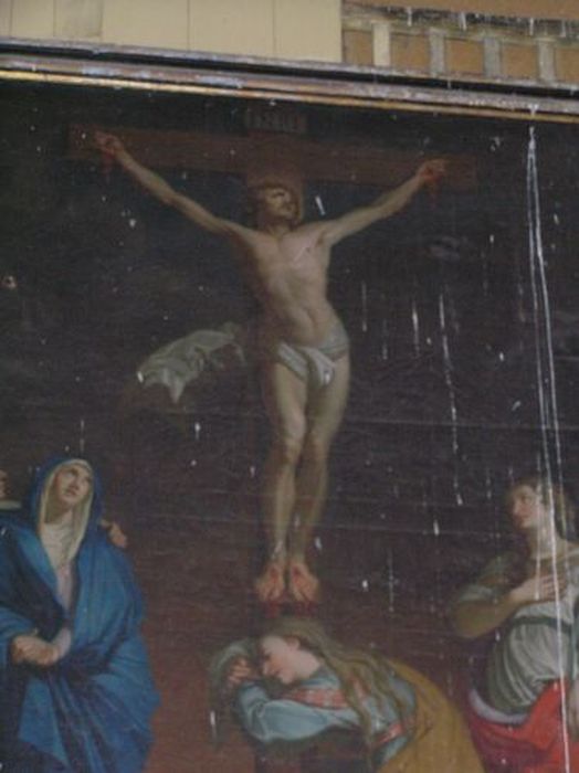 tableau : Crucifixion avec la Vierge Marie, saint Jean et sainte Colombe, vue partielle