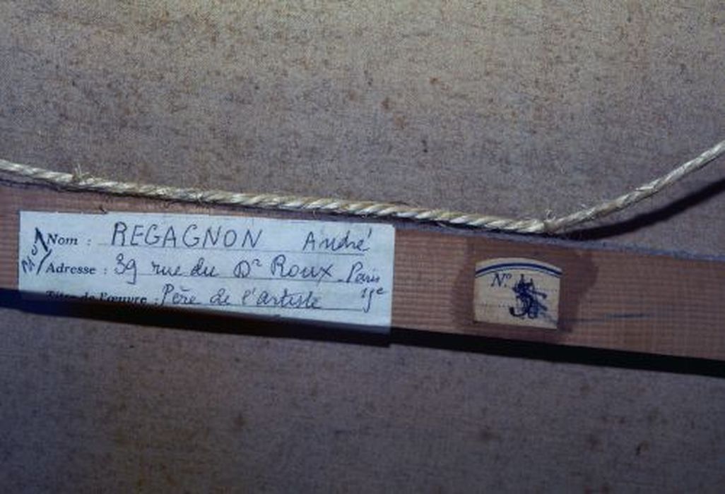 tableau : Monsieur Regagnon, père de l'artiste, détail de l'étiquette collée au revers - © Ministère de la Culture (France), Conservation des antiquités et des objets d’art de l'Ariège – Tous droits réservés 
