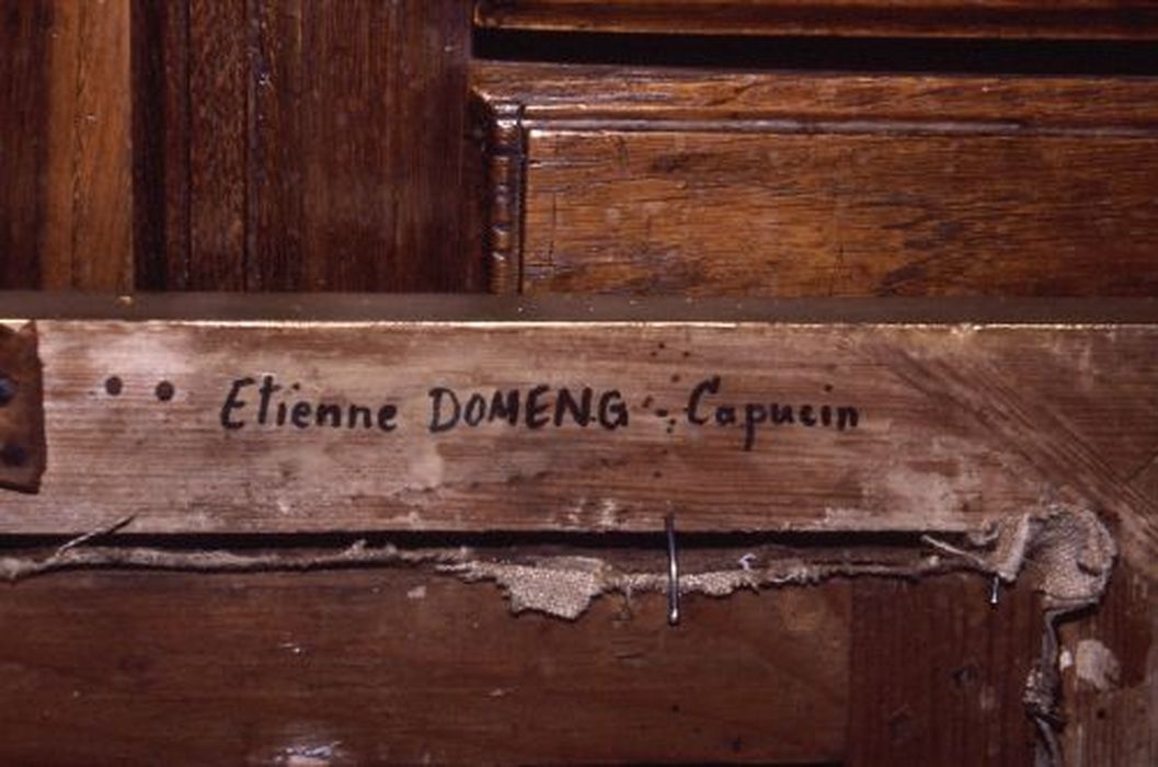 tableau et son cadre : Etienne Domeng, capucin, détail de l’inscription