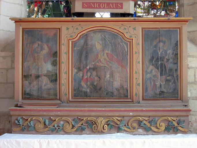 Retable, 3 panneaux peints : Décollation de sainte Barbe, saint Nicolas apaisant la tempête, saint Roch