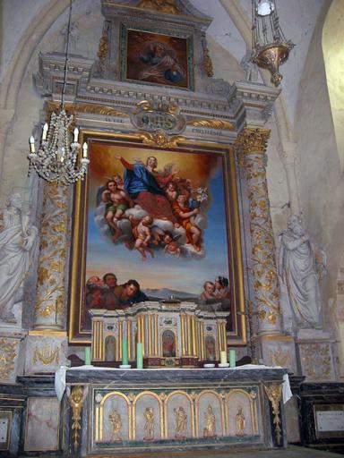 Maître-autel ; tabernacle ; retable : Vierge à l'Enfant, Saint Sébastien, Christ, Saint Nicolas, Saint Denis (?)