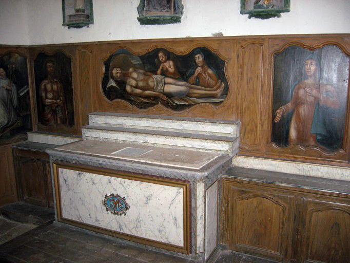 Lambris de revêtement ; tableaux (9) : Vie de saint Maur, Ecce Homo, Christ au tombeau, vue générale