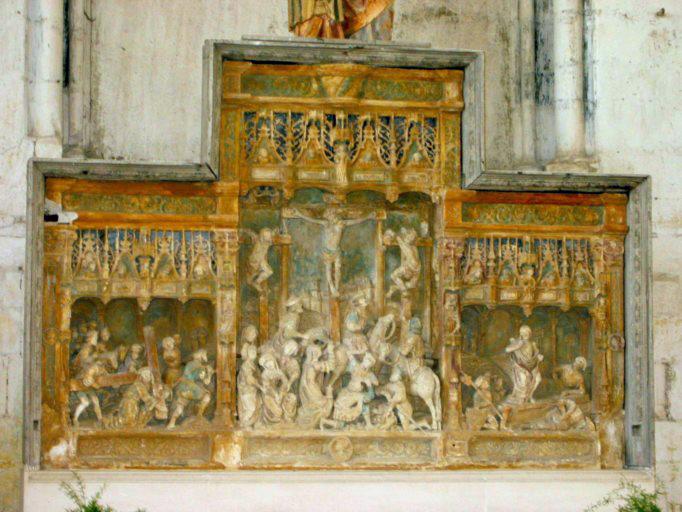 Retable ; haut-relief : Portement de Croix, Crucifixion, Résurrection, vue générale