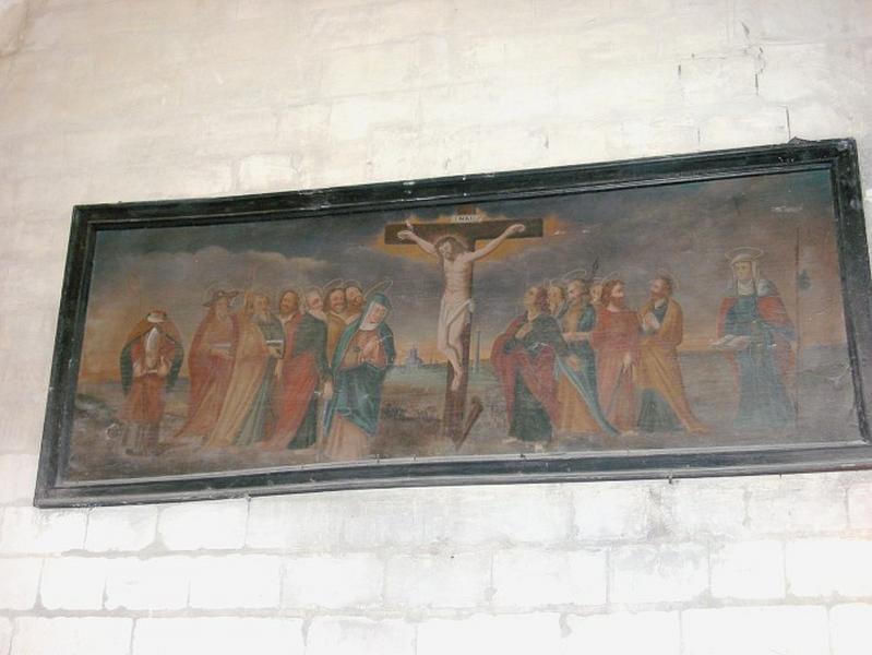 Tableau : Christ en croix entre la Vierge, les apôtres, saint Denis et sainte Savine