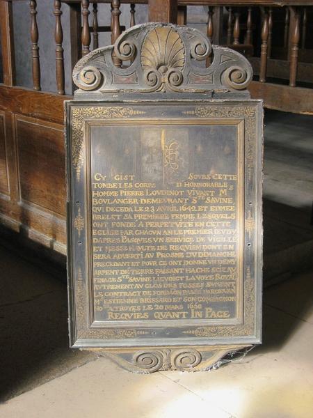 Tableau commémoratif : plaque obituaire de Pierre Loudinot et de sa femme