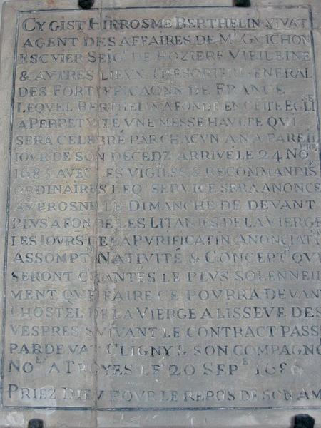 Plaque commémorative : plaque obituaire de Hierosme Berthelin