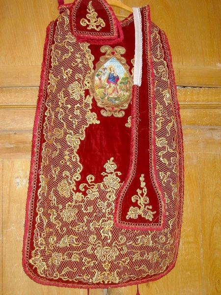 Chasuble, étole, manipule, pale, voile de calice (?) : Reniement de saint Pierre (?)