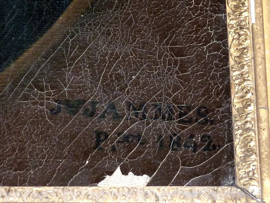 tableau : la Vierge Marie, détail signature et date - © Ministère de la Culture (France), Conservation des antiquités et des objets d’art de l’Aude – Tous droits réservés 