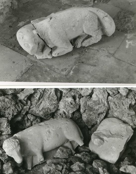 crèche, fragments du bœuf et d'un chien (?)