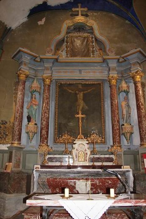 maître-autel, retable, tableau : Christ en croix, statues