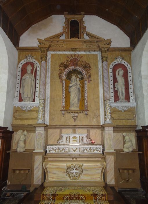 maître-autel, retable, statues : Vierge à l'Enfant, Saint Sébastien et Saint Denis