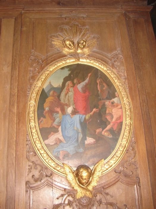 8 tableaux : Pèlerins d'Emmaüs, la Manne, l'Arche d'alliance, Offrande de Melchisédech, Frappement du rocher, Sacrifice d'Isaac, le Serpent d'airain, la Pâque