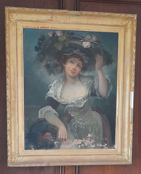 tableau : Femme au panier de fruits et au chapeau fleuri (tête de fantaisie)
