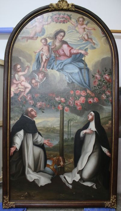 Tableau et son cadre : Donation du rosaire à sainte Catherine de Sienne et à saint Dominique