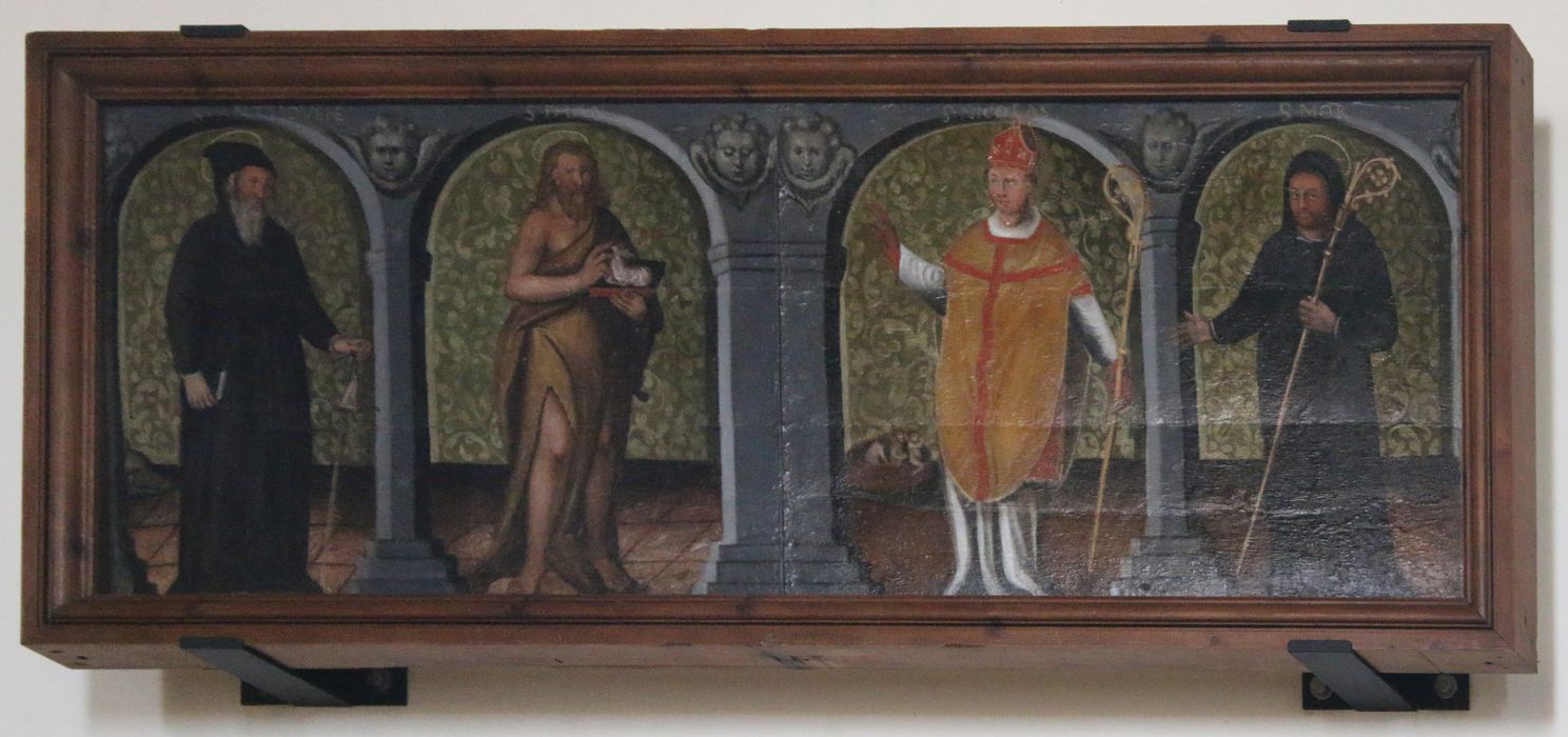 tableau : Saint Antoine abbé, saint Jean-Baptiste, saint Nicolas de Bari, saint Benoît de Nursie