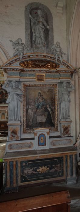 autel, retable, tableau : Remise du rosaire, statue : saint Joseph