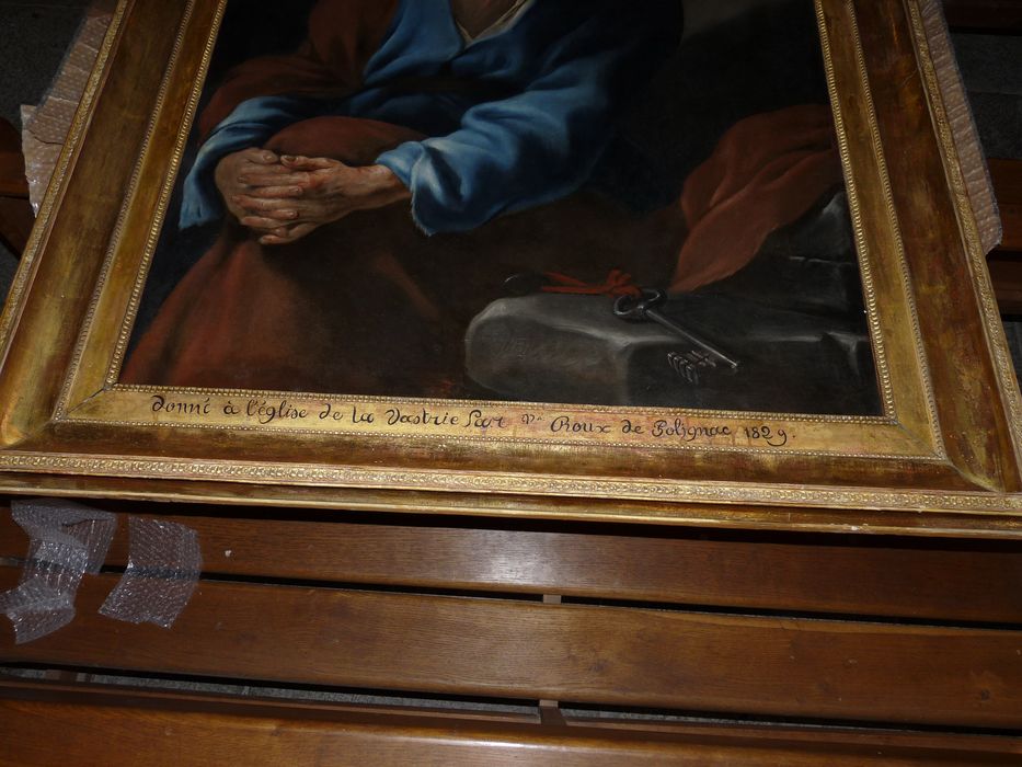 tableau et son cadre : saint Pierre repentant, détail de l’inscription