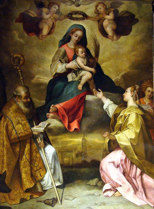 tableau : Vierge à l'Enfant en gloire avec saint Antoine abbé et sainte Lucie