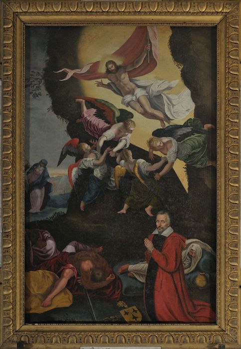 tableau, cadre : Ascension ou Résurrection avec le donateur Fradet - © Ministère de la Culture (France), Conservation des antiquités et des objets d'art du Cher, tous droits réservés 