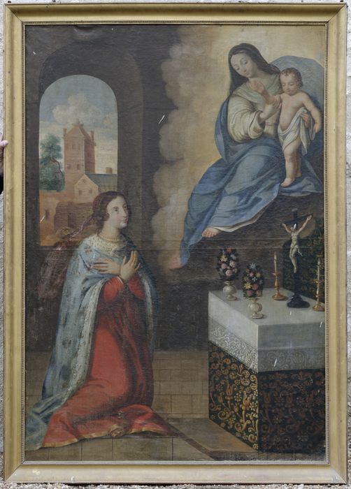 tableau, cadre : Apparition de la Vierge et de l'Enfant Jésus à sainte Jeanne de France, dit fiançailles mystiques de sainte Jeanne de France - © Ministère de la Culture (France), Conservation des antiquités et des objets d'art du Cher, tous droits réservés 