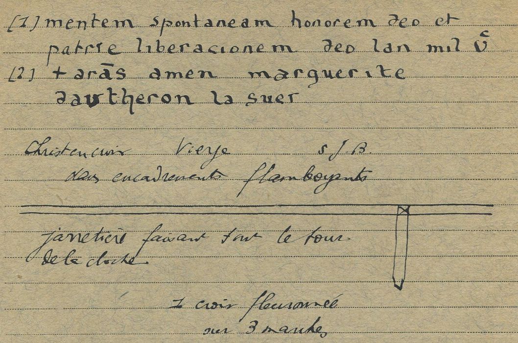 cloche, retranscription des inscriptions (encre sur papier)