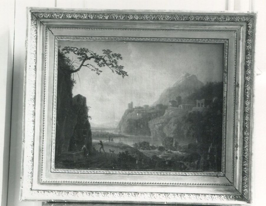 tableau : paysage avec rivière, collines et monuments - © Ministère de la Culture (France), Conservation des antiquités et des objets d’art de la Côte-d’Or – Tous droits réservés