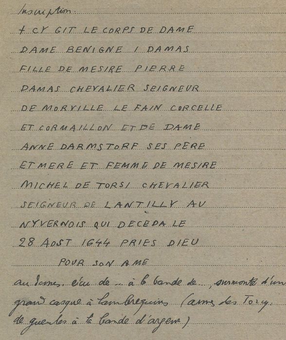 dalle funéraire de Bénigne de Damas, retranscription des inscriptions (encre sur papier)