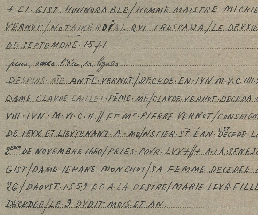 dalle funéraire de Michel Vernot et de sa famille, retranscription des inscriptions (encre sur papier) - © Ministère de la Culture (France), Conservation des antiquités et des objets d’art de la Côte-d’Or – Tous droits réservés 