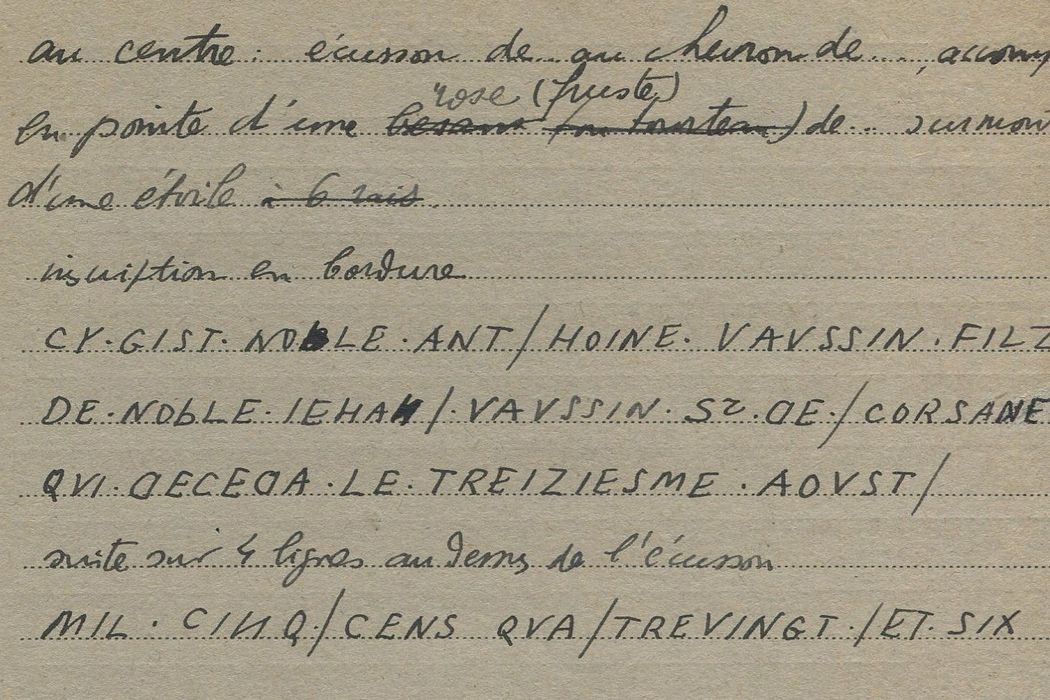 dalle funéraire d'Antoine Vaussin de Corsaint, retranscription des inscriptions (encre sur papier) - © Ministère de la Culture (France), Conservation des antiquités et des objets d’art de la Côte-d’Or – Tous droits réservés 