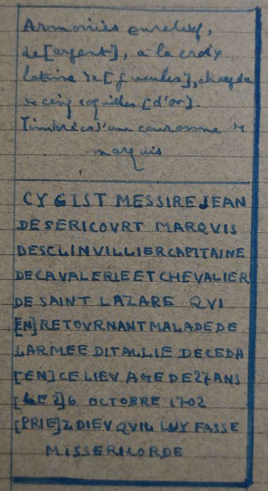 dalle funéraire de Jean de Séricourt (dessin : encre sur fiche cartonnée) - © Ministère de la Culture (France), Conservation des antiquités et des objets d’art de la Côte-d’Or – Tous droits réservés 