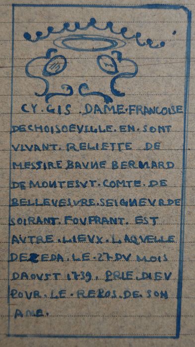 dalle funéraire de Françoise de Choiseul (dessin : encre sur fiche cartonnée) - © Ministère de la Culture (France), Conservation des antiquités et des objets d’art de la Côte-d’Or – Tous droits réservés 
