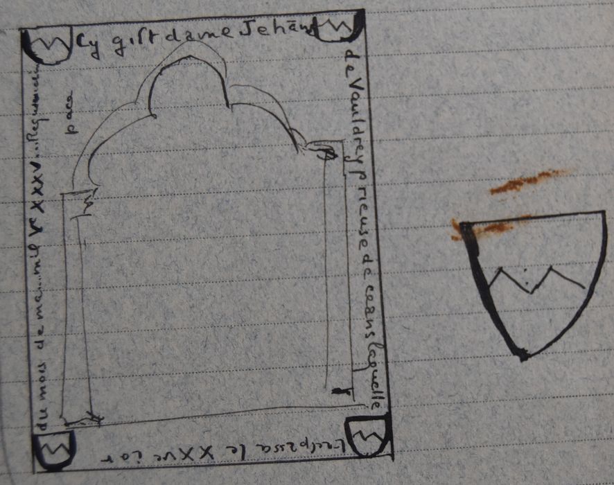 dalle funéraire de Jeanne de Vauldrey (dessin : encre sur fiche cartonnée)
