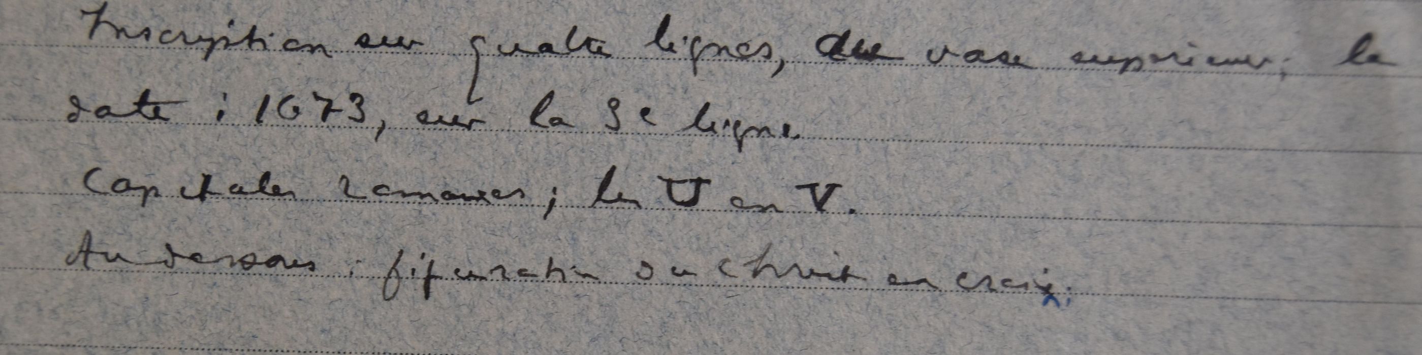 cloche, détail de la retranscription de l'inscription (dessin : encre sur fiche cartonnée) - © Ministère de la Culture (France), Conservation des antiquités et des objets d’art de la Côte-d’Or – Tous droits réservés