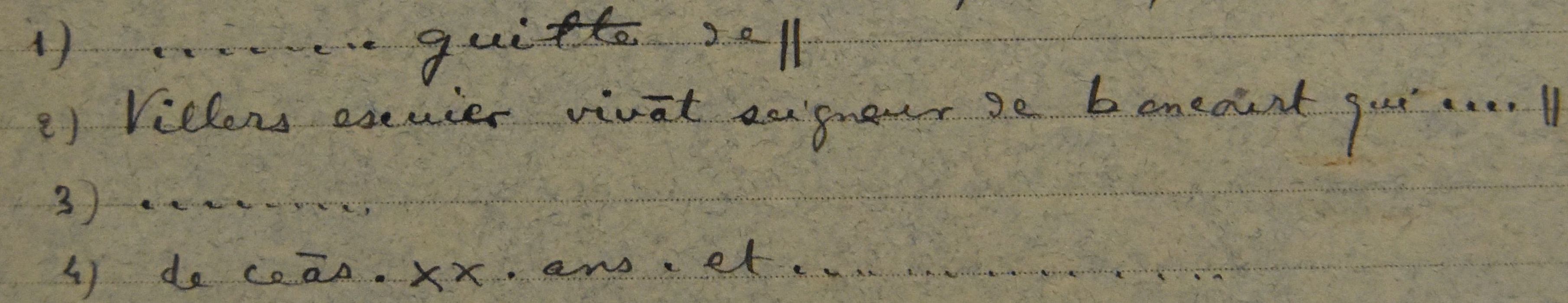 dalle funéraire de Guillaume de Villers, détail de la retranscription de l'inscription (dessin : encre sur fiche cartonnée)