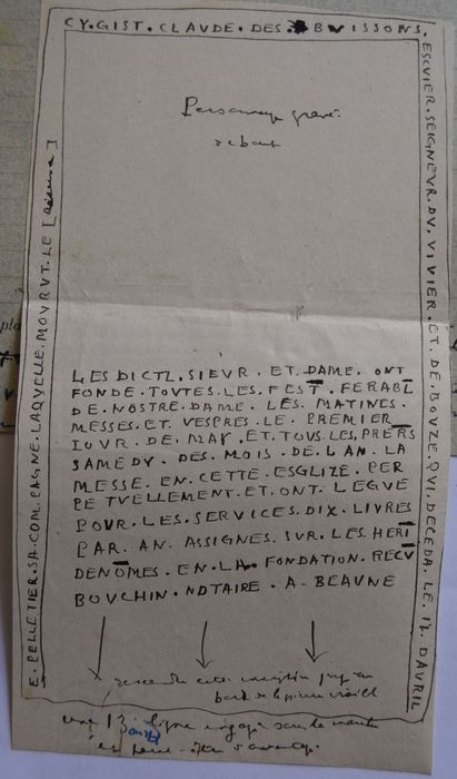 dalle funéraire de Claude des Buissons et de son épouse, détail de la retranscription de l'inscription (dessin : encre sur papier)