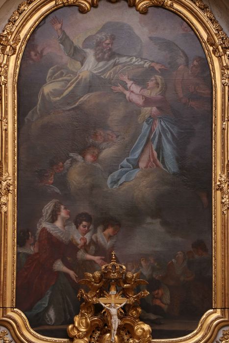 tableau du maître-autel : Madame de Ranfaing et ses filles confient au Père éternel par l'intercession de la Vierge les Marie-Madeleine