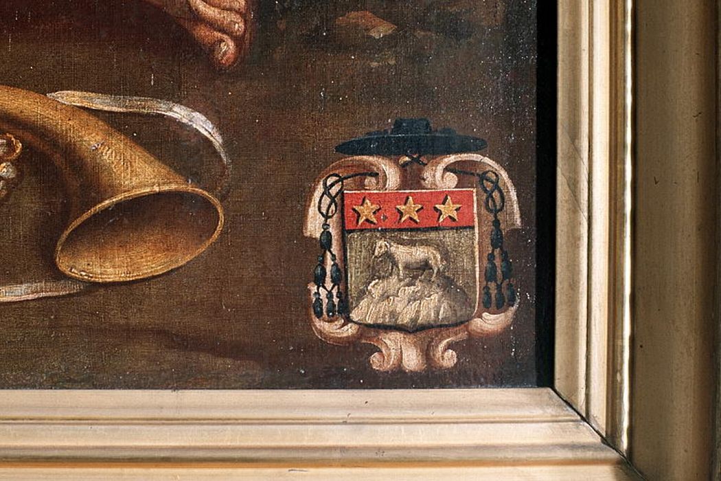 tableau : saint Hubert pendant sa vision, détail des armoiries - © Ministère de la Culture (France), Conservation des antiquités et des objets d’art de la Drôme – Tous droits réservés 