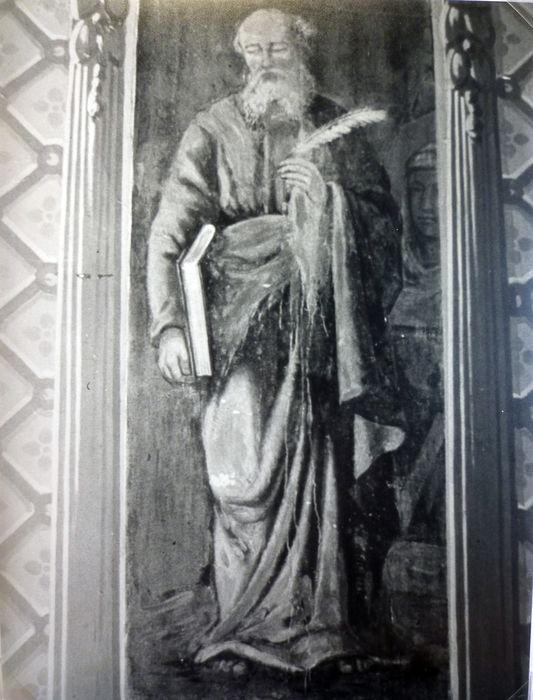 peintures murales : Saint Dominique, Mater Dolorosa, Saint Jean l'Evangéliste, Saint Bernard, Saint Mathieu, Saint Luc, Saint Marc ; détail Saint Luc - © Ministère de la Culture (France), Conservation des antiquités et des objets d’art du Finistère, tous droits réservés