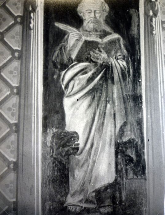 peintures murales : Saint Dominique, Mater Dolorosa, Saint Jean l'Evangéliste, Saint Bernard, Saint Mathieu, Saint Luc, Saint Marc ; détail Saint Marc - © Ministère de la Culture (France), Conservation des antiquités et des objets d’art du Finistère, tous droits réservés