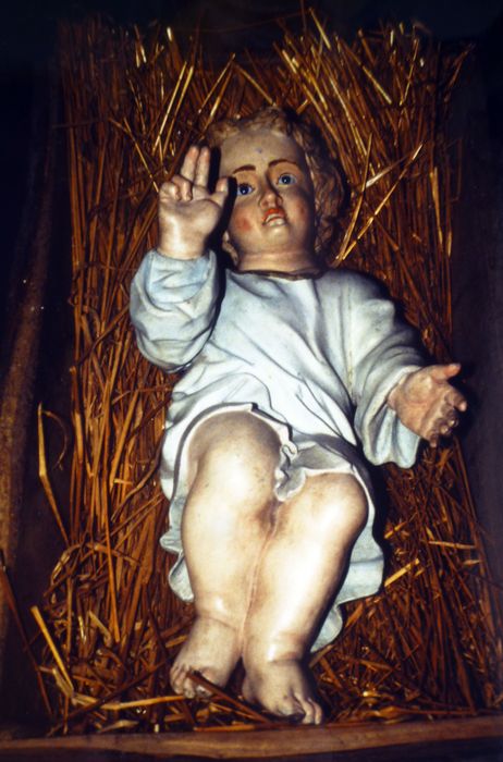 groupe sculpté : L'Enfant Jésus, Joseph et Marie (La Nativité), détail Enfant Jésus