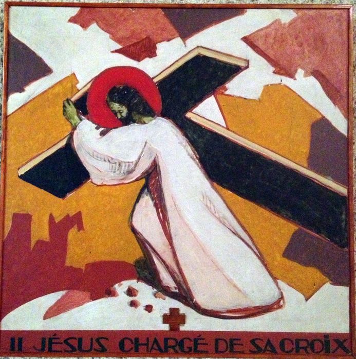 chemin de croix, détail de la station n°2 : Jésus chargé de sa croix