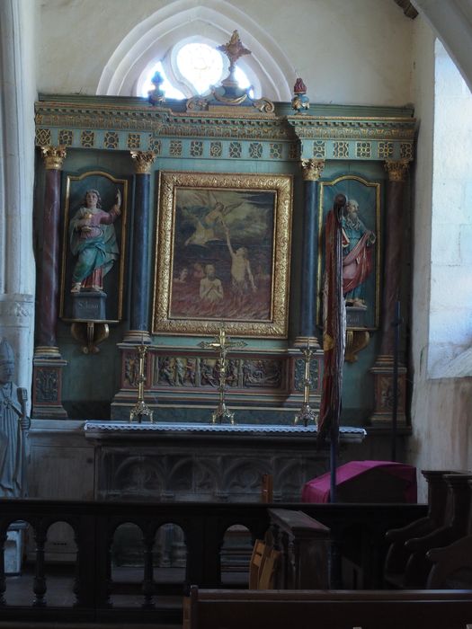 retable, bas-reliefs : Saint Sébastien percé de flèches, Martyr tenaillé, Saint Jean dans la chaudière