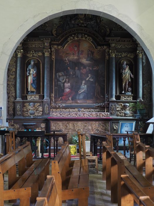 retable latéral nord, antependium, statues : Saint Jean, Saint Jérôme, tableau : Mort du bon chrétien (la) ? - © Ministère de la Culture (France), Conservation des antiquités et des objets d’art du Finistère, tous droits réservés