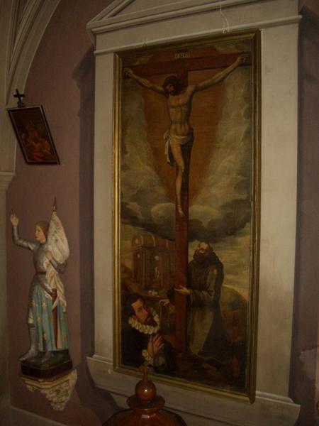 tableau : Remise par saint François d'Assise de la cordelière de l'ordre franciscain à un donateur, vue générale
